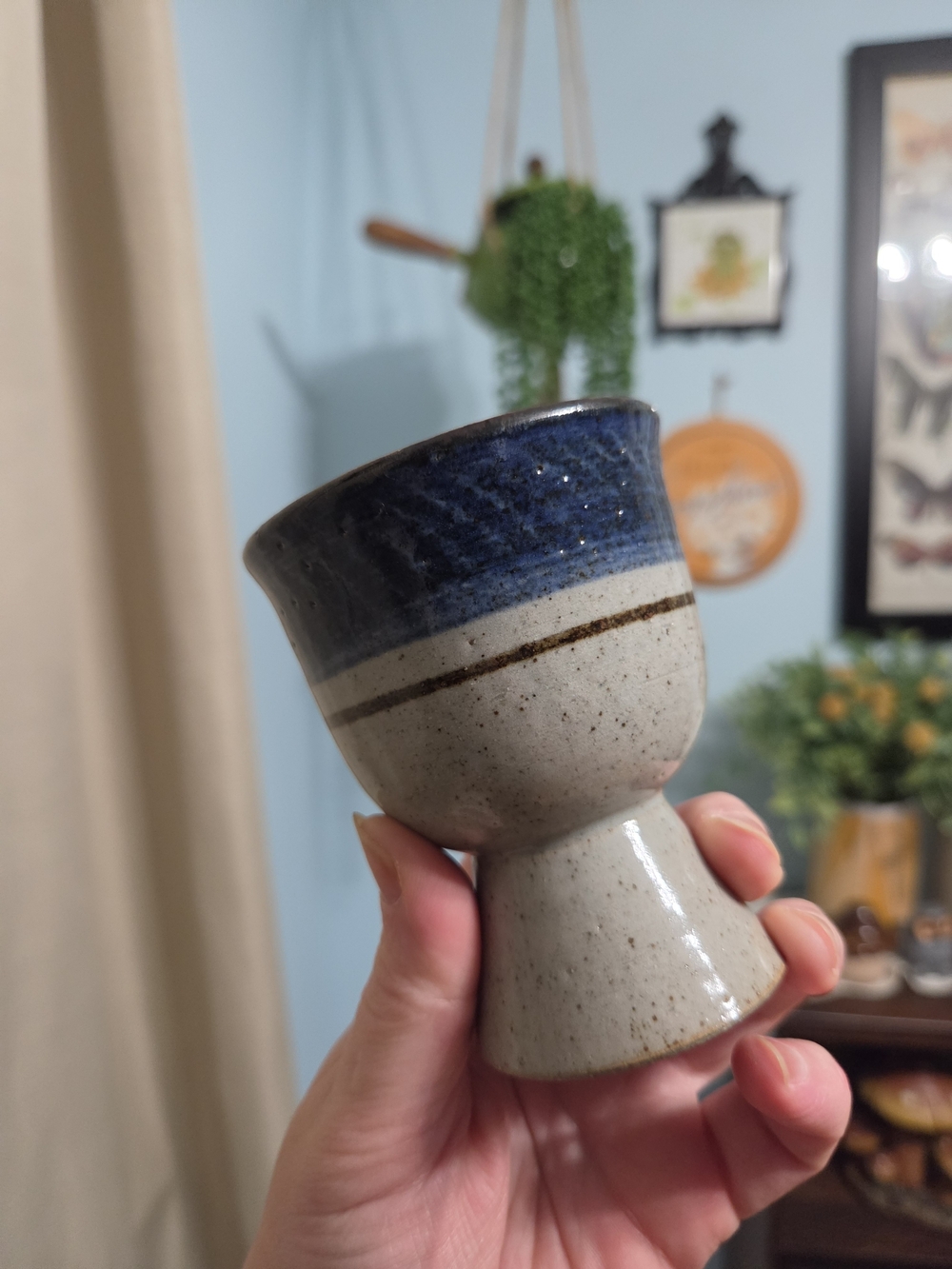Vintage Otagiri Horizon Style Stoneware Goblet Speckled Ceramic Chalice Blue
